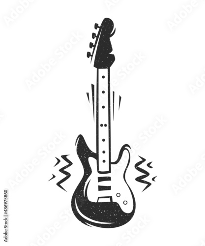 Vintage black and white stylized electric guitar with spray classic shape isolated on white background.
