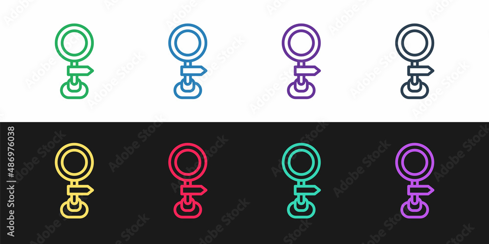 Set line Road traffic sign. Signpost icon isolated on black and white background. Pointer symbol. Isolated street information sign. Direction sign. Vector Set line Road traffic sign. Signpost icon isolated on black and white background. Pointer symbol. Isolated street information sign. Direction sign. Vector