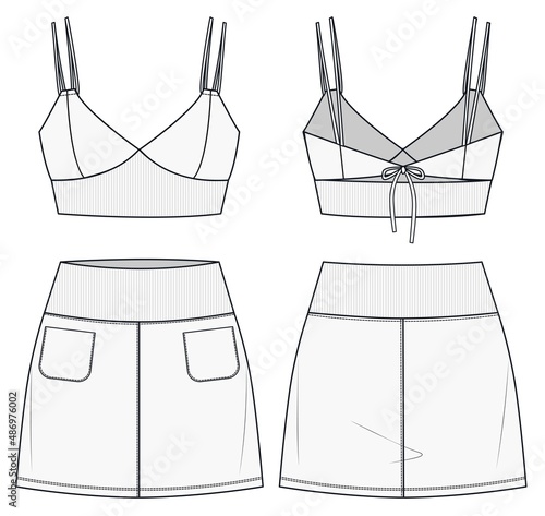 Girls Bra with Skirt fashion flat drawing template. Womens casual wear template. Top and skirt fashion design cet templates.