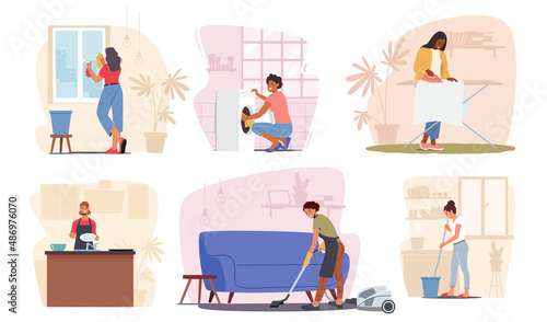Set Household Activities, Woman Mopping Floor, Cleaning Home Window, Ironing Clothes, Washing Dishes, Duties and Chores