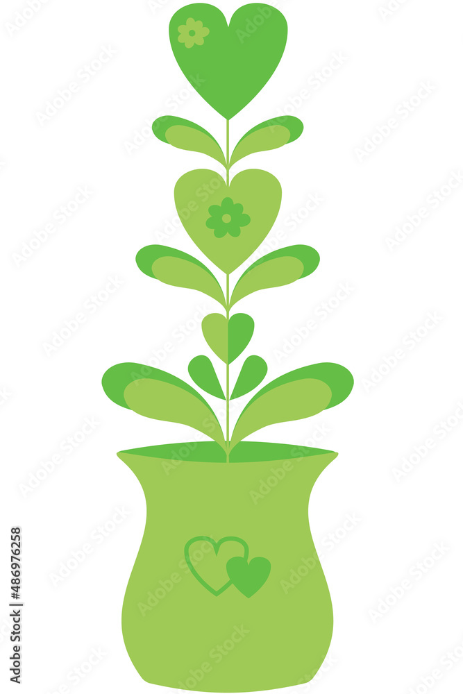 Vector flower pot with flowers in the form of hearts in a flat style. Vector flower pot with flowers in the form of hearts in a flat style.