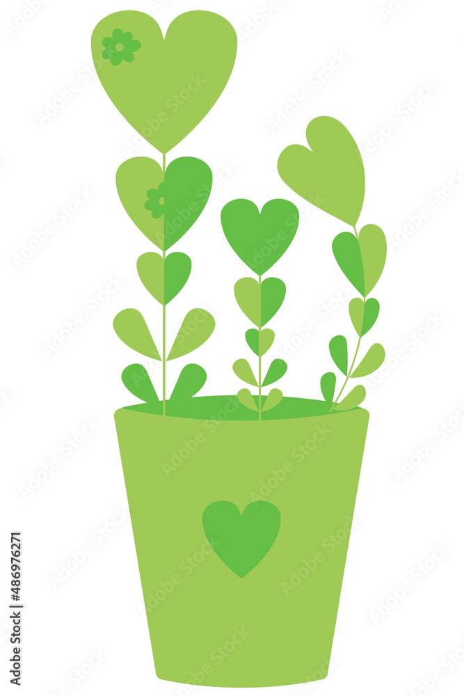 Vector flower pot with flowers in the form of hearts in a flat style. Vector flower pot with flowers in the form of hearts in a flat style.