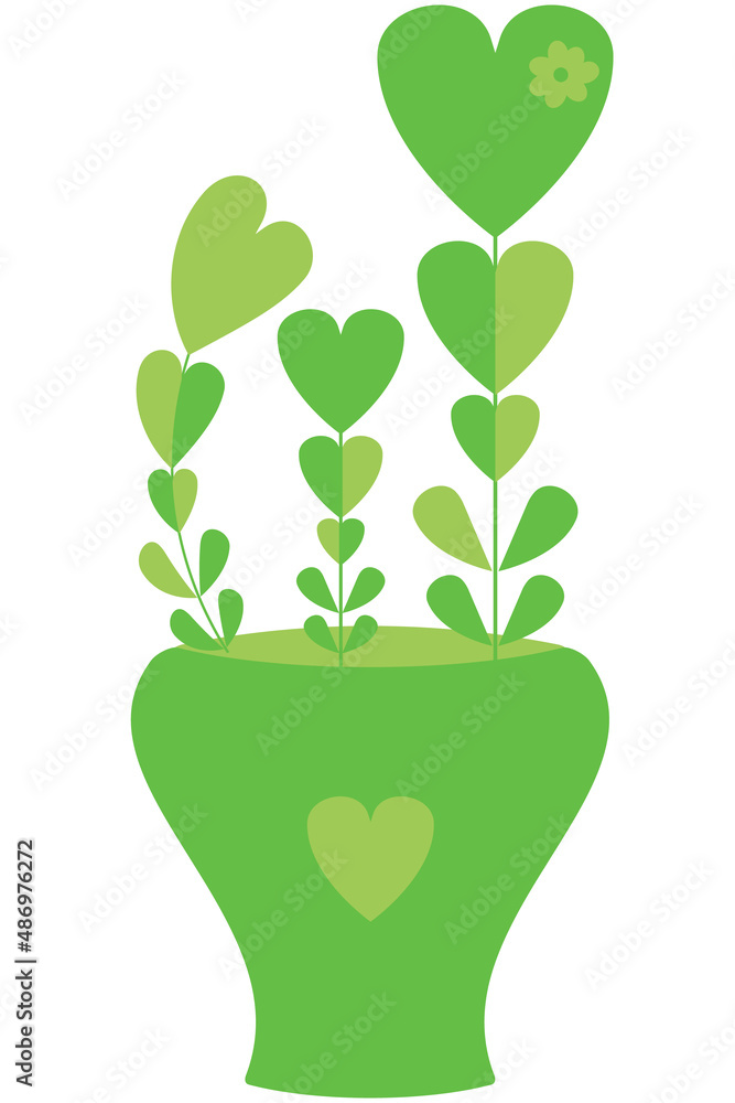 Vector flower pot with flowers in the form of hearts in a flat style. Vector flower pot with flowers in the form of hearts in a flat style.
