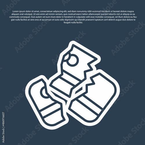 Blue line Scissors cutting a credit card icon isolated on blue background. Online payment. Cash withdrawal. Financial operations. Shopping sign. Vector
