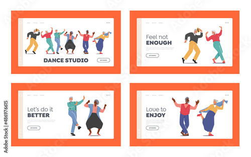Senior Men and Women Dancing Landing Page Template Set. Happy Old Characters Couple Active Sparetime, Hobby Club, Fun