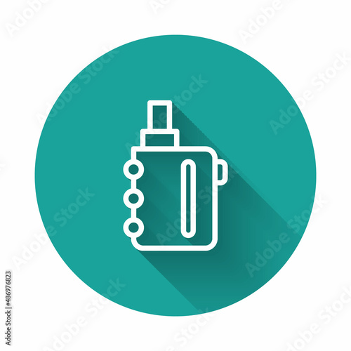 White line Electronic cigarette icon isolated with long shadow background. Vape smoking tool. Vaporizer Device. Green circle button. Vector