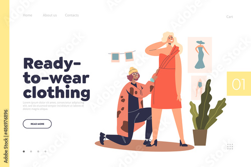 Ready to wear clothing concept of landing page with woman fashion designer fitting dress on client