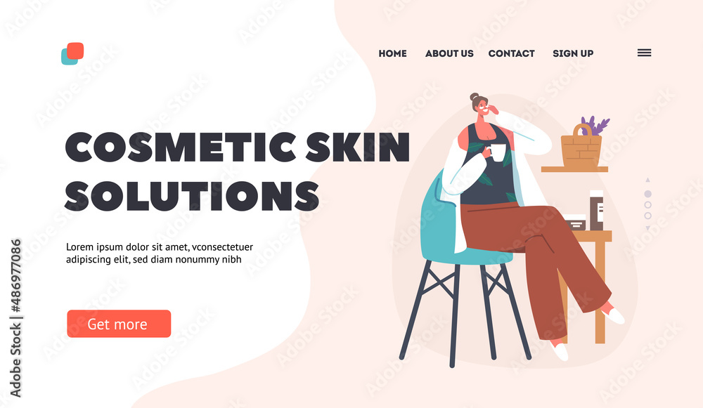 Cosmetic Skin Solutions Landing Page Template. Woman Applying Natural Mask. Female Character with Eye Pads Drink Tea