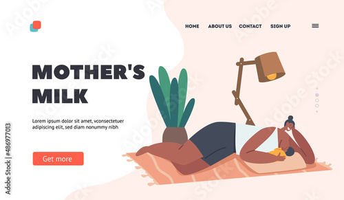 Mothers Milk Landing Page Template. Breastfeeding, Lactation, Maternity, Young Happy Female Character Feeding Baby