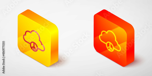 Isometric line Peace cloud icon isolated on grey background. Hippie symbol of peace. Yellow and orange square button. Vector