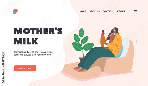 Breastfeeding Landing Page Template. Female Character Sit on Armchair with Smartphone Feeding Baby with Breast