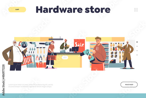 Hardware store concept of landing page with people buying tools for renovation, construction and maintenance