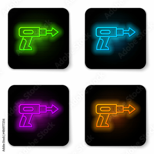 Glowing neon line Fishing harpoon icon isolated on white background. Fishery manufacturers for catching fish under water. Diving underwater equipment. Black square button. Vector