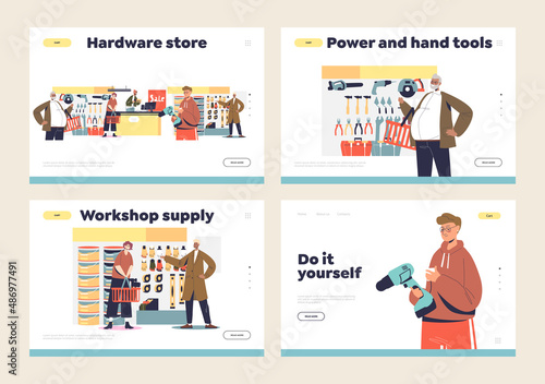 Buying tools in hardware store concept of template landing pages with people purchasing equipment