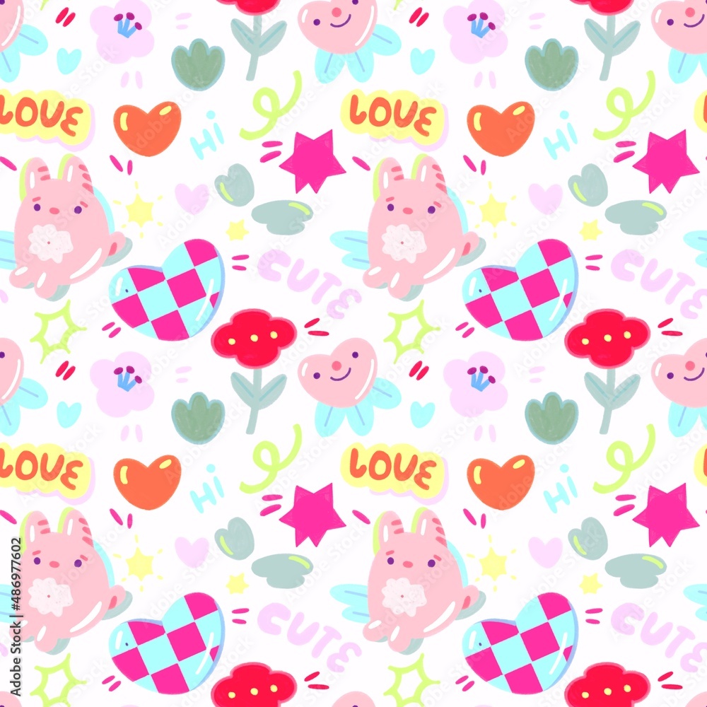 seamless concept pattern with lettering love, hi, cute with hearts flowers bunny stars for gift wrapping paper for kids,celebrating Valentines Day, Mother’s 