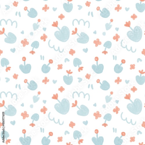 seamless floral pattern with leaves and hearts. Detailed kawaii raster hand drawn illustration for print, wrapping paper, bed linen, clothes in pastel colors.