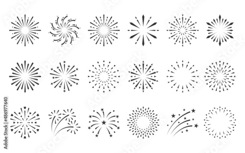 Firework sparkle sunrise star black silhouette set. Vintage explosion spark sunburst boho beam shining sign abstract element circle radial linear stroke. Contour Christmas holiday isolated white