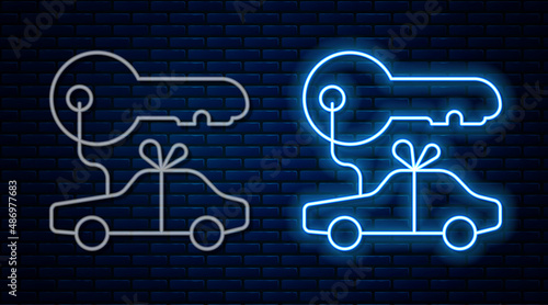 Glowing neon line Car gift icon isolated on brick wall background. Car key prize. Vector