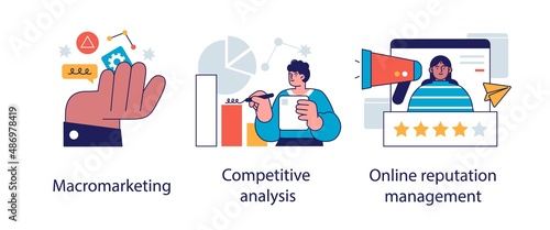 Global marketing strategy abstract concept vector illustration set. Macromarketing, analysis, reputation management, market analysis, digital image, social media abstract metaphor.