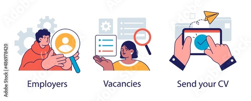 Apply for a job abstract concept vector illustration set. Employers and vacancies, CV abstract metaphor.