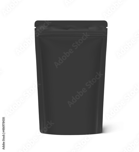 Realistic black stand up pouch bag mockup isolated on white background. Vector illustration. Front view. Perfect to make final pack shot your product. EPS10.