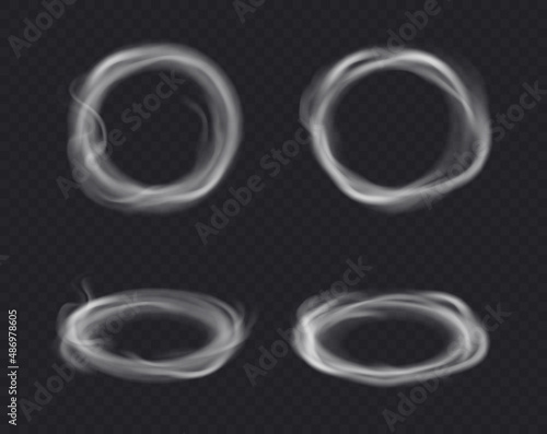 White smoke rings from cigarette, pipe or vape. Realistic circle of steam clouds of smoking hookah