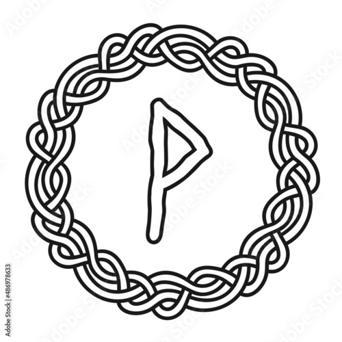 Rune Wunjo in a circle - an ancient Scandinavian symbol or sign, amulet. Viking writing. Hand drawn outline vector illustration for websites, games, engraving and print. photo