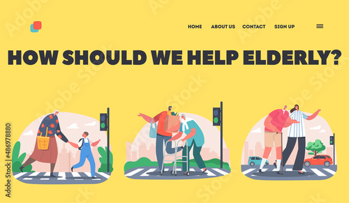 Characters Help to Cross Road for Elderly People Landing Page Template. Man, Woman and Little Boy Support Seniors