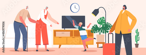 Kid Visit Grandparents in their Home Concept. Happy Grandfather, Grandmother and Grandson Characters Meeting, Boy Jump