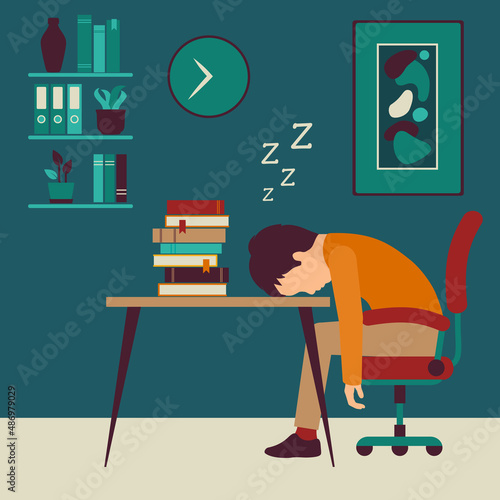 illustration of isolated child learn at night, Sleeping Boy Sitting At The Desk In Classroom, Part Of School And Scholar Life
