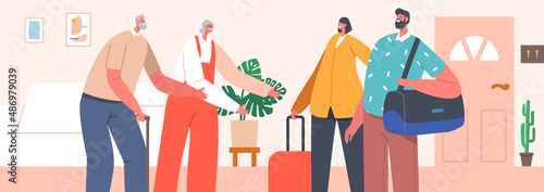 Male and Female Characters with Luggage Come to Visit Old Parents or Grandparents in their Home. Happy Family Meeting