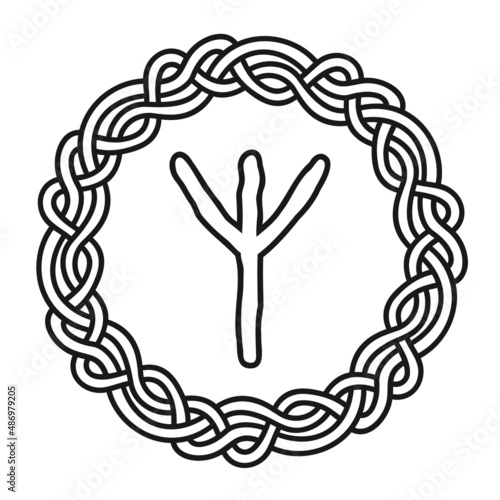 Rune Algiz in a circle - an ancient Scandinavian symbol or sign, amulet. Viking writing. Hand drawn outline vector illustration for websites, games, engraving and print. photo