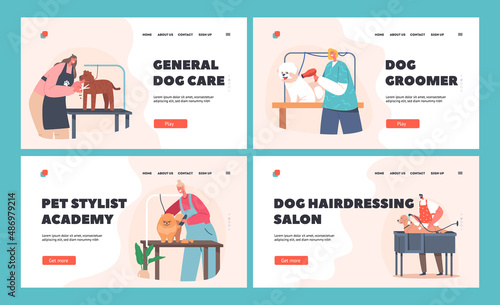 Groomers Service Landing Page Template Set. Hairdressers Characters Care of Dogs Cutting Wool, Washing, Drying
