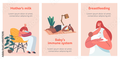 Female Characters Feeding Baby with Breast Banners Set, Breastfeeding, Healthy Natural Nutrition for Newborn Child