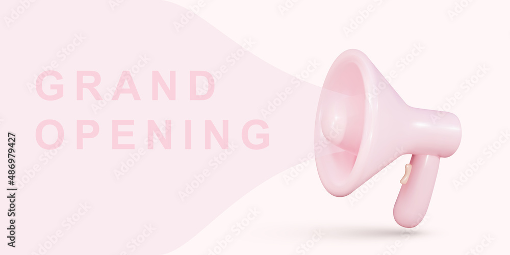 Realistic megaphone with pink bubble for social media marketing concept. Announcement for grand opening. Vector illustration.