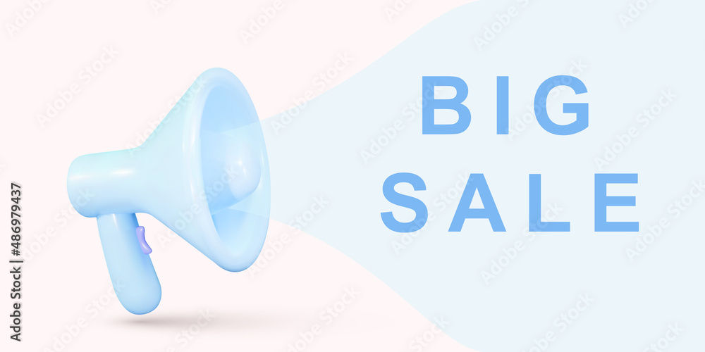 Realistic megaphone with pink bubble for social media marketing concept. Announcement for big sale. Vector illustration.