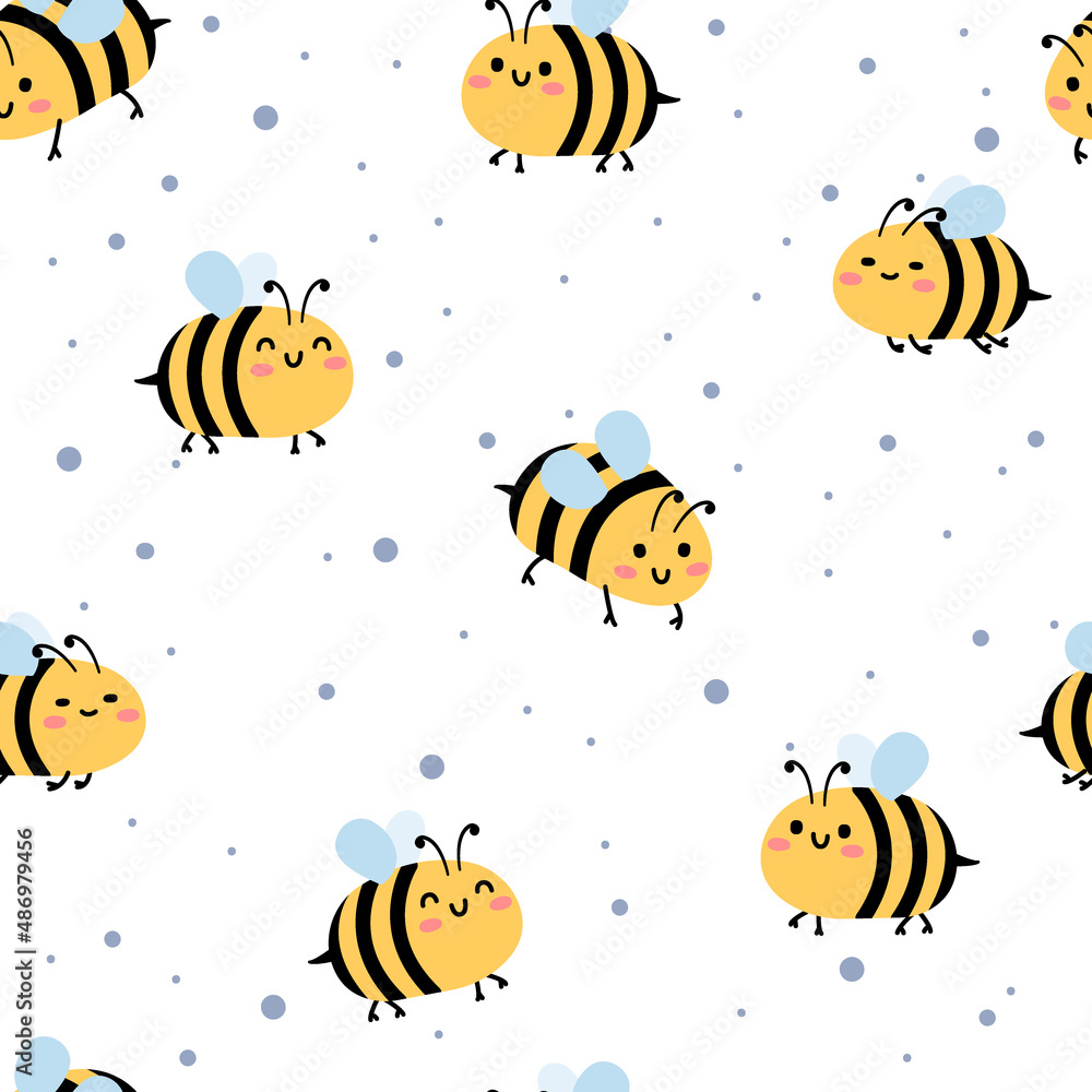 Fototapeta premium Childish seamless pattern of flying bees. Illustation for background, banner, sticker label and greeting card. Cute repeated pattern.