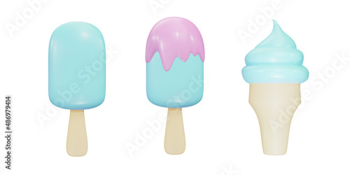 Ice cream, ice cream with icing and in a cone. 3d set of realistic objects. Vector illustration.