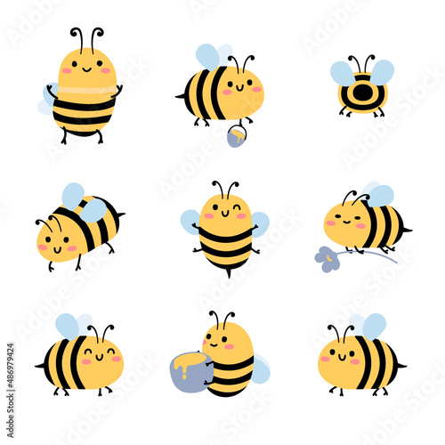 Set of kawaii bees with flowers and honey pots. Summer illustration for kids. Cartoon character.