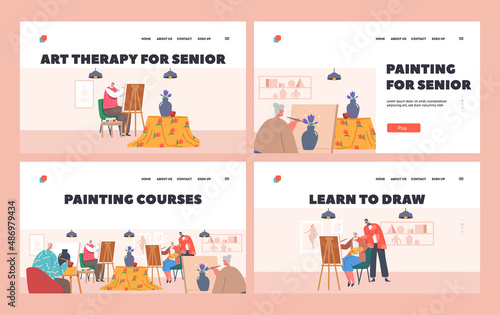 Painting Courses for Seniors Landing Page Template Set. Elderly Characters Drawing in Art Class. Men and Women at Easel