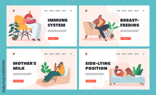 Female Characters Feeding Baby with Breast Landing Page Template Set. Breastfeeding, Healthy Natural Nutrition for Child