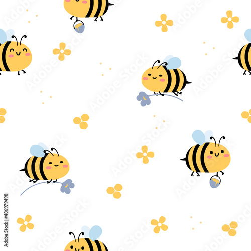 Childish seamless pattern of flying bees. Illustation for background, banner, sticker label and greeting card. Cute repeated pattern. © bbgreg