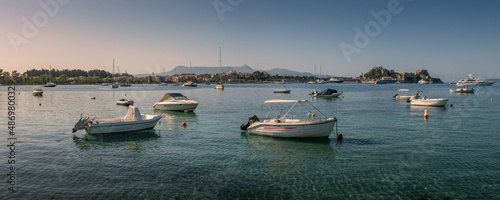 Panoramic view of yachts and sailboats in the bay. Corfu Greece with the old fortress in the background