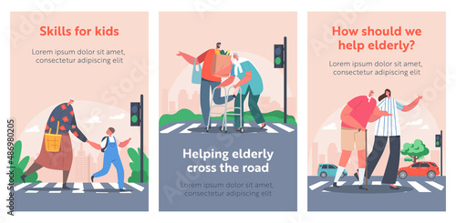 Characters Help to Cross Road for Elderly People Cartoon Banners . Man, Woman and Little Boy Dwellers Support Seniors