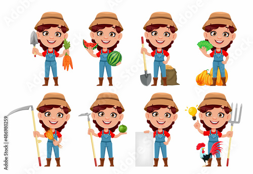 Farmer woman cartoon character, set of eight poses
