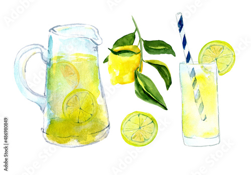 Watercolor hand drawn lemonade drink in decanter and glass. Illustration of homemade lemon drink and lemon fruti. Design for season offers, decor, menu, recipe, party crafts, ready to use template. photo