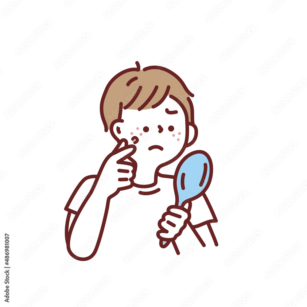 肌の悩み、肌荒れ、ニキビのイラスト(男の子、鏡、ファッション、おしゃれ、美容、スキンケア) Illustrations of skin problems, rough skin, acne . Mirrors, fashion, fashion, fashion, beauty, skin care. 肌の悩み、肌荒れ、ニキビのイラスト(男の子、鏡、ファッション、おしゃれ、美容、スキンケア) Illustrations of skin problems, rough skin, acne . Mirrors, fashion, fashion, fashion, beauty, skin care.