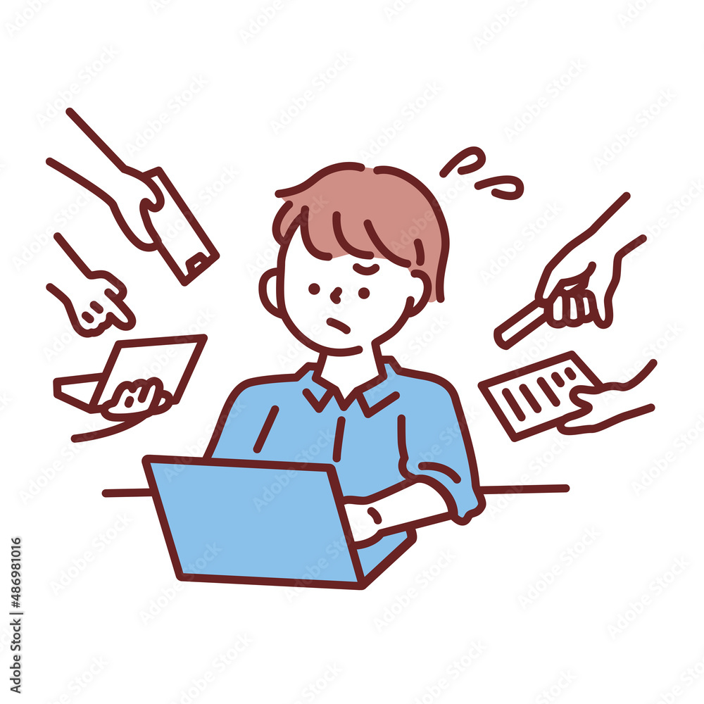 残業する男女のイラスト(仕事、ビジネス、資料作成、会議、疲れ、忙しい、イライラ、失敗、多忙) Illustrations of men working overtime . work, business, materials preparation, meetings, fatigue, busyness, irritation
