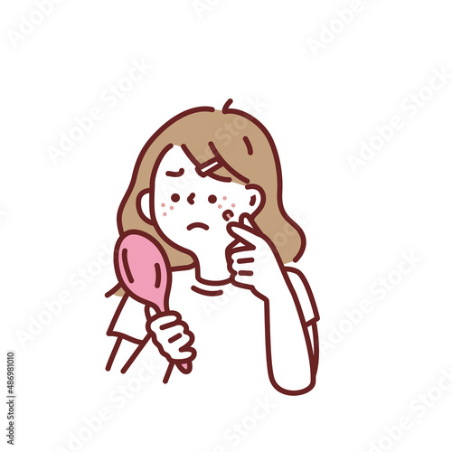 肌の悩み、肌荒れ、ニキビのイラスト(女の子、鏡、ファッション、おしゃれ、美容、スキンケア) Illustrations of skin problems, rough skin, acne . Mirrors, fashion, fashion, fashion, beauty, skin care.