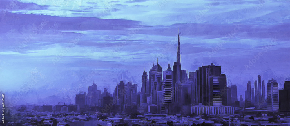 Panoramic view of the evening city, futuristic architecture, picturesque landscape